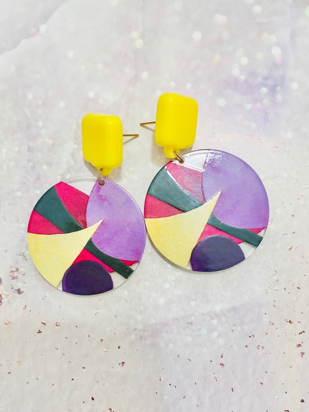 Purple yellow rounded unique earrings, mid century modern style